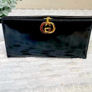 Gucci Wallet Patent Leather Long Authentic Bifold Vintage Black GG